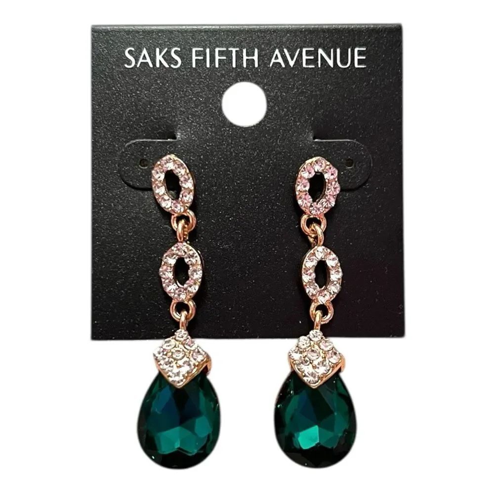 💎2/$30💎 Saks Fifth Avenue Gold Drop Earrings with Emerald Teardrop Crystals